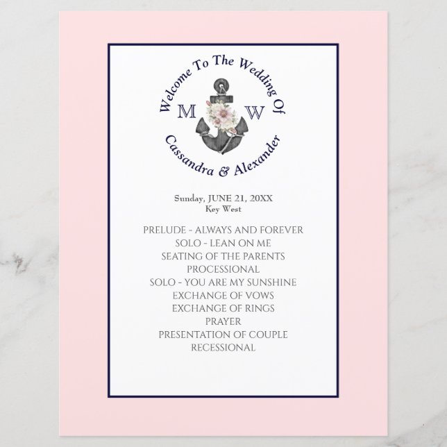Floral Anchor Nautical Wedding Pink Navy program (Front)
