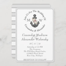 Floral Anchor Nautical Wedding Silver Grey Stripe