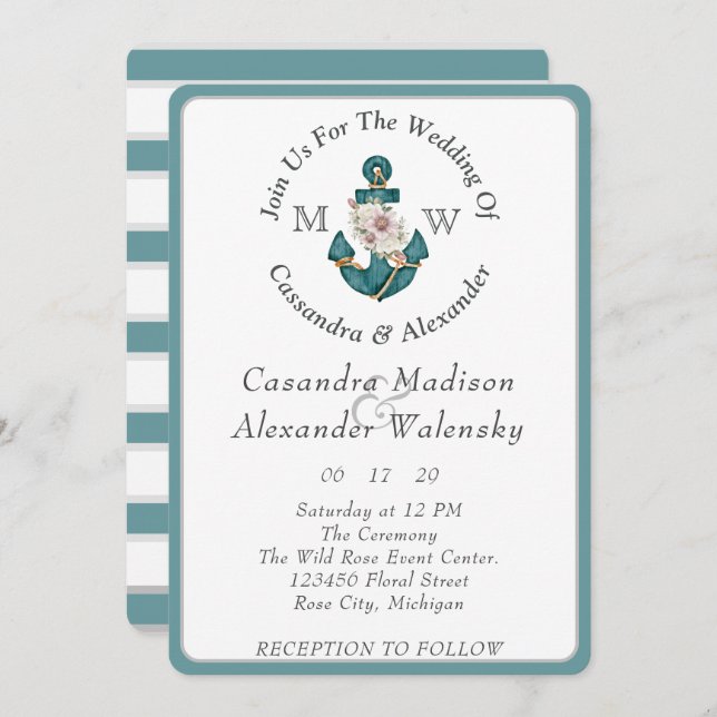 Floral Anchor Nautical Wedding Teal Aqua Blue  Invitation (Front/Back)