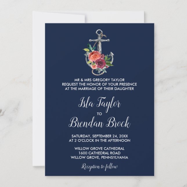 Floral Anchor | Navy Autumn Formal Wedding Invitation (Front)
