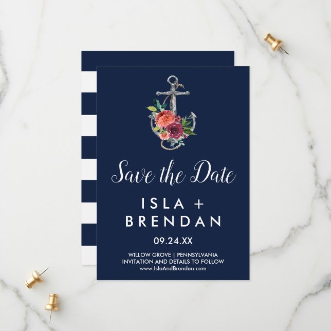 Floral Anchor | Navy Autumn Save the Date Card (Front/Back In Situ)