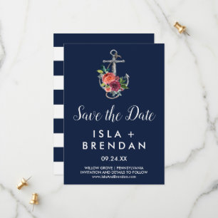 Floral Anchor   Navy Autumn Save the Date Card
