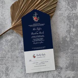 Floral Anchor   Navy Autumn Song Request Wedding A All In One Invitation