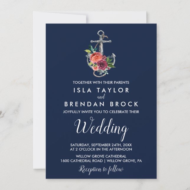 Floral Anchor | Navy Autumn Wedding Invitation (Front)