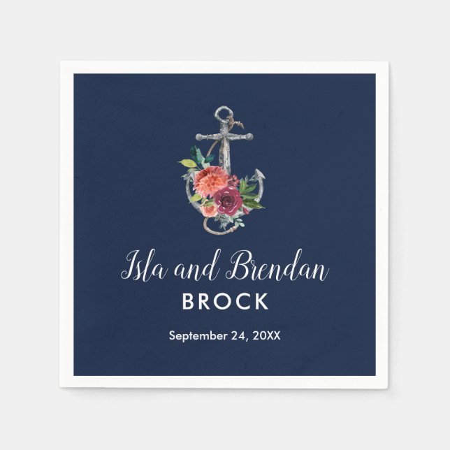 Floral Anchor | Navy Autumn Wedding Napkin (Front)