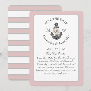 Floral Anchor Navy Blue Pink Nautical Wedding Inv Invitation