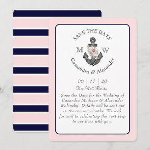 Floral Anchor Navy Blue Pink Nautical Wedding Invitation