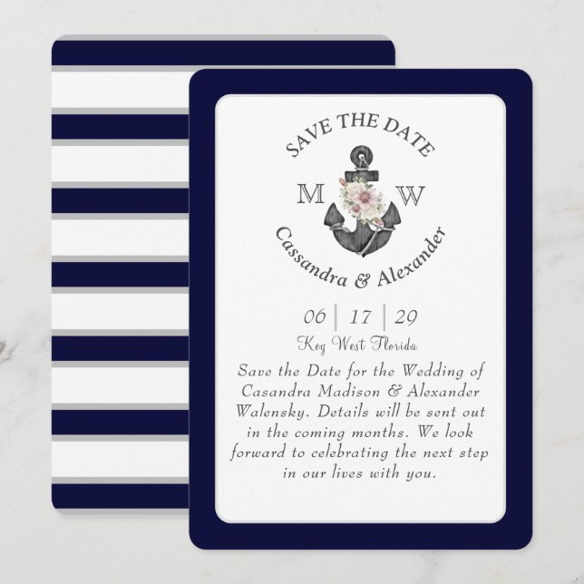 Floral Anchor Navy Blue White Nautical Wedding  Invitation (Front/Back)