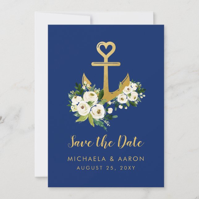 Floral Anchor Navy Nautical Save the Date Card (Front)