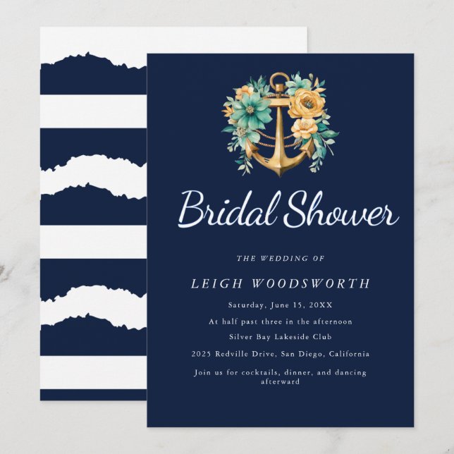 Floral Anchor Navy Summer Bridal Shower Invitation (Front/Back)