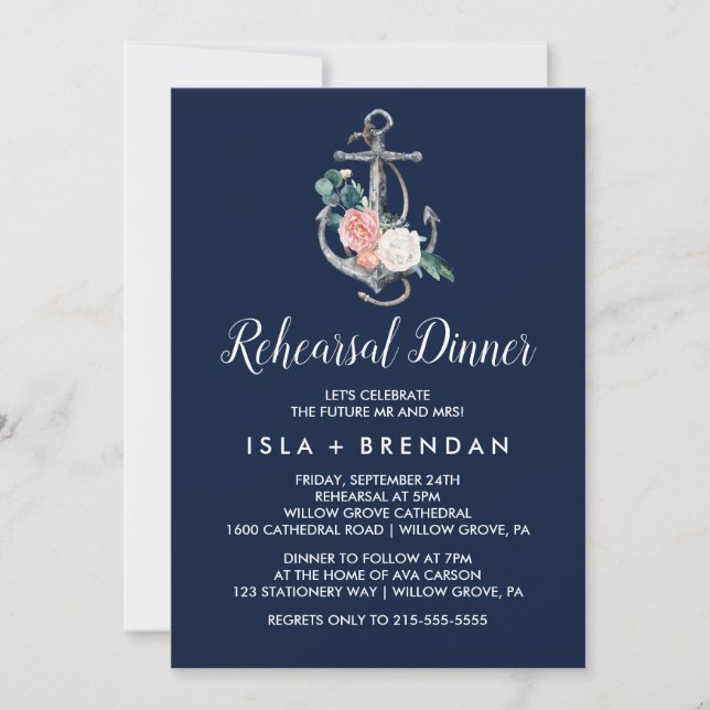 Floral Anchor | Navy Summer Rehearsal Dinner Invitation (Front)