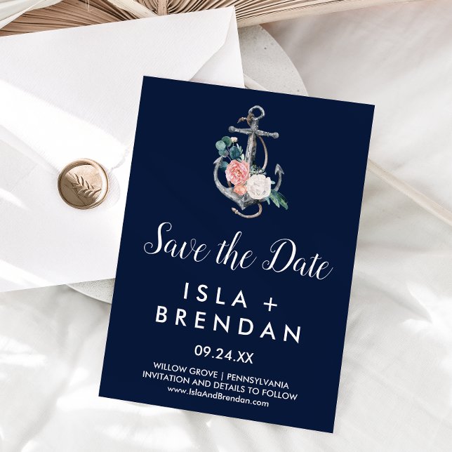 Floral Anchor | Navy Summer Save the Date Card (Creator Uploaded)