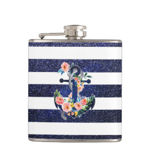 Floral anchor on striped background hip flask