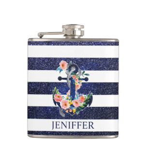 Floral anchor on striped background                hip flask