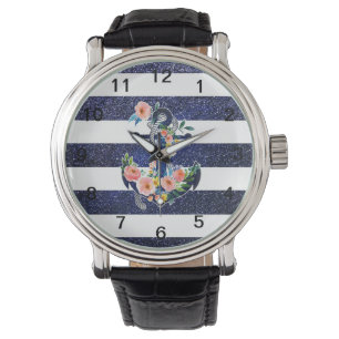 Floral anchor on striped background watch