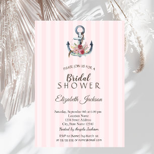 Floral Anchor Pink Striped Bridal Shower Invitation