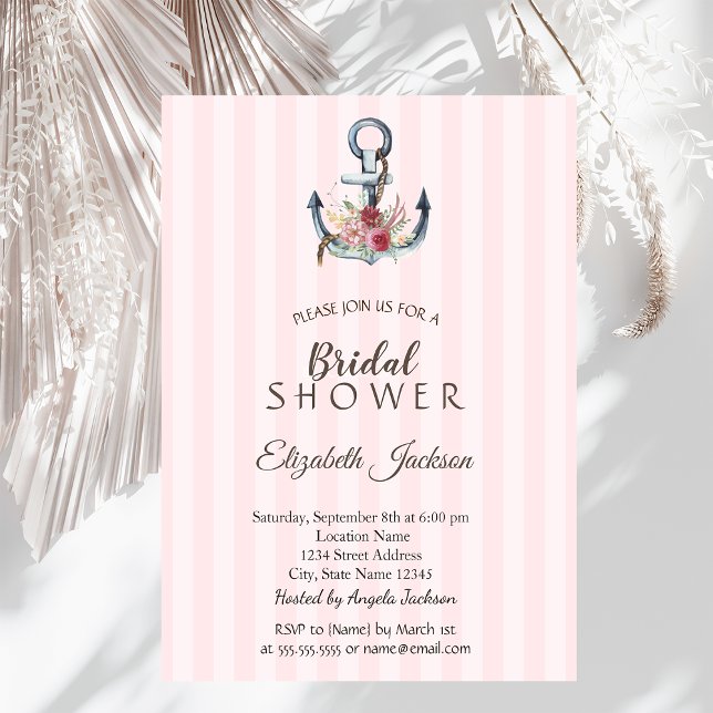  Floral Anchor Pink Striped Bridal Shower Invitation (Creator Uploaded)