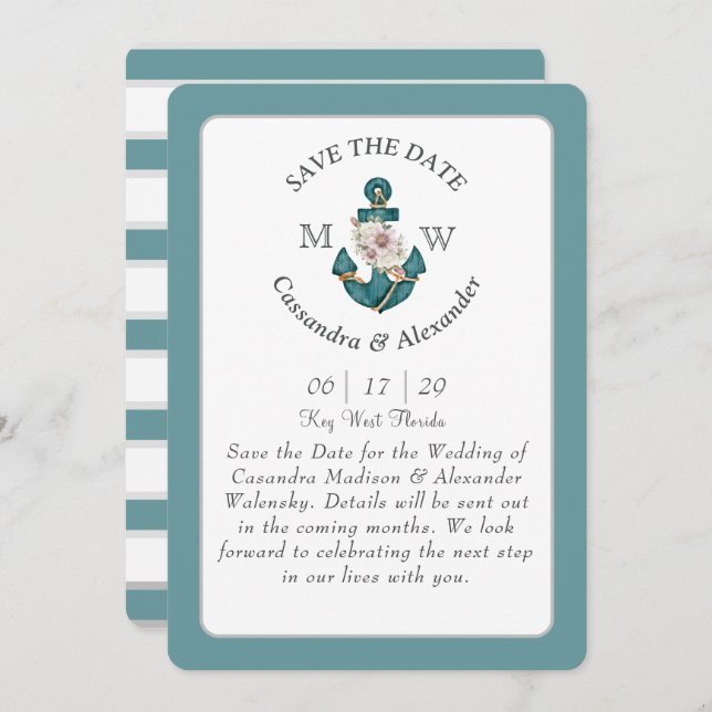 Floral Anchor Teal Aqua Blue Nautical Wedding  Invitation (Front/Back)