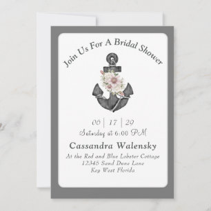 Floral Anchor White Silver Grey Nautical Wedding  Invitation