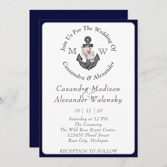 Floral Anchor with Rope Beach Wedding Navy Blue  Invitation (Front/Back)