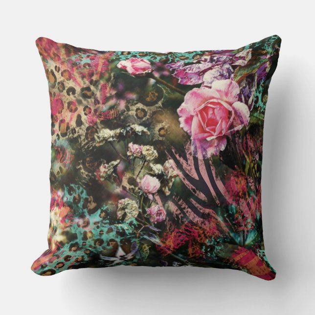 Floral and Animal Print Distressed Collage Cushion (Front)