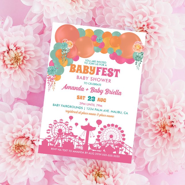 Floral and Balloon Festival Girl Baby Shower Invitation (Creator Uploaded)