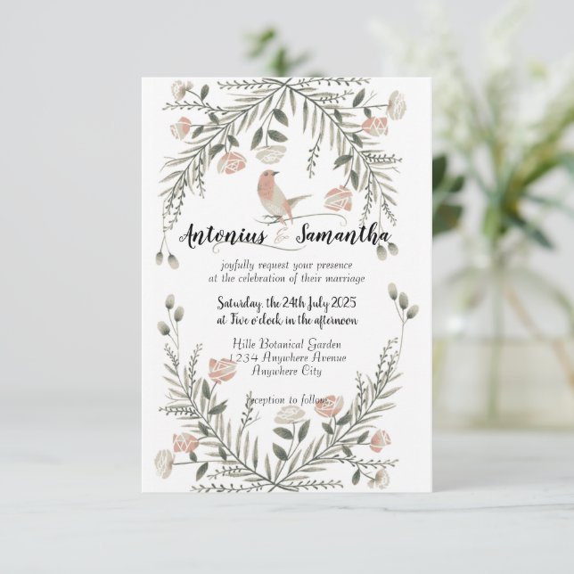 Floral and bird illustration wedding invitation (Standing Front)
