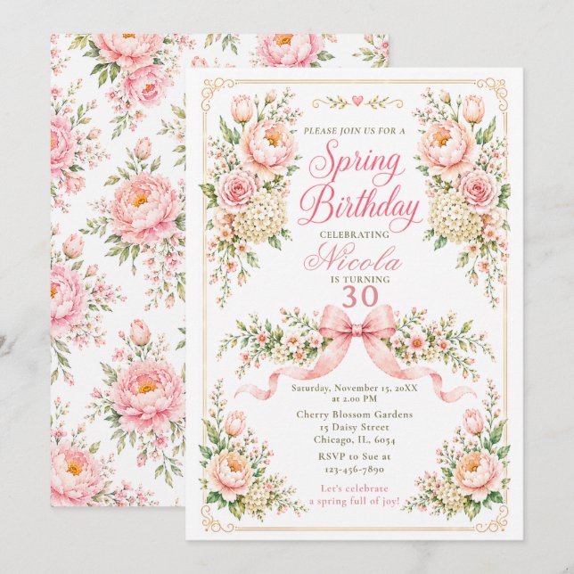 Floral and Bow Spring Birthday Invitation (Front/Back)