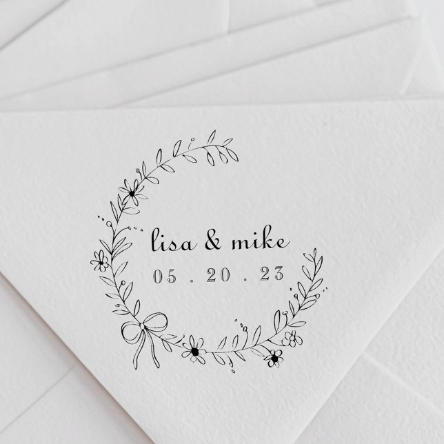 Floral and Bow Wreath Custom Couple Names Wedding Self-inking Stamp (Creator Uploaded)
