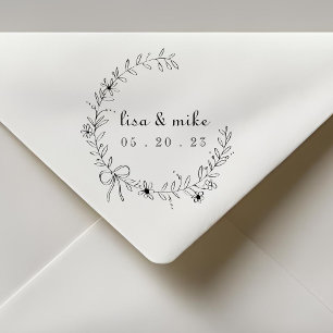 Floral and Bow Wreath Custom Couple Names Wedding Self-inking Stamp