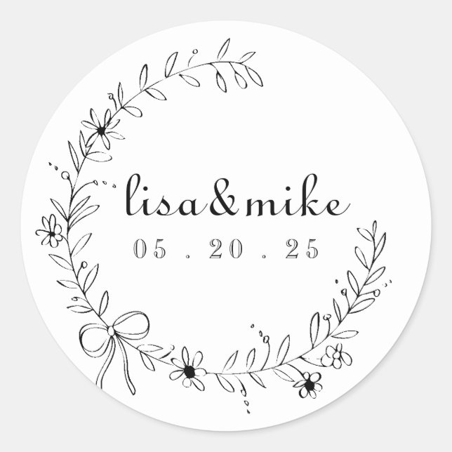 Floral and Bow Wreath Wedding Classic Round Sticker (Front)
