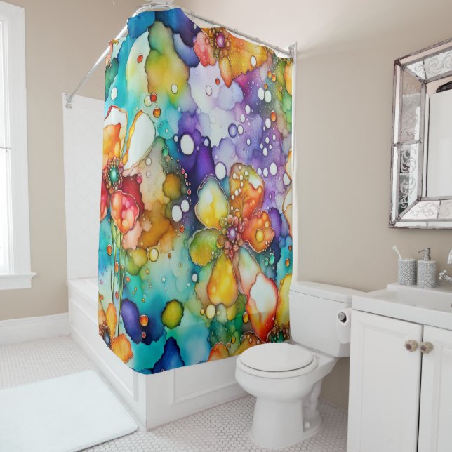 Floral and Bubbles Abstract Shower Curtain (In Situ)