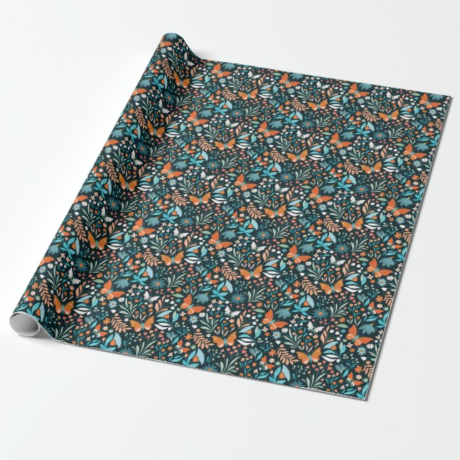 Floral and butterflies, decorative seamless patter wrapping paper (Unrolled)