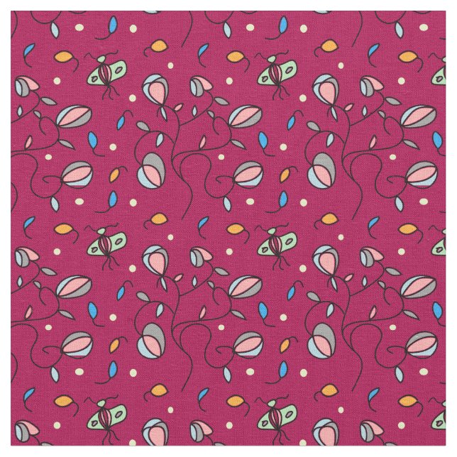 Floral and butterfly funny seamless pattern -pink fabric (Close Up)