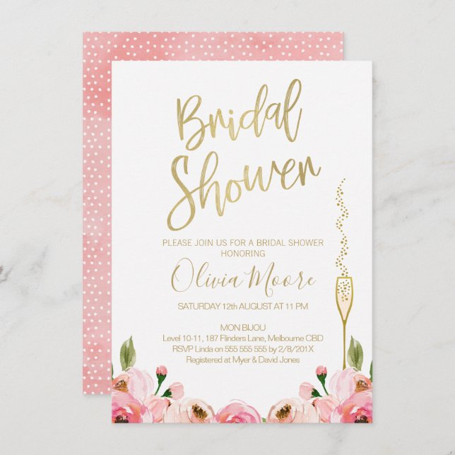 Floral and champagne bridal shower invitation (Front/Back)