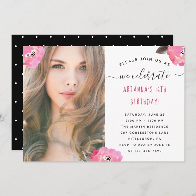 Floral and Dots Photo Birthday Party Invitation (Front/Back)