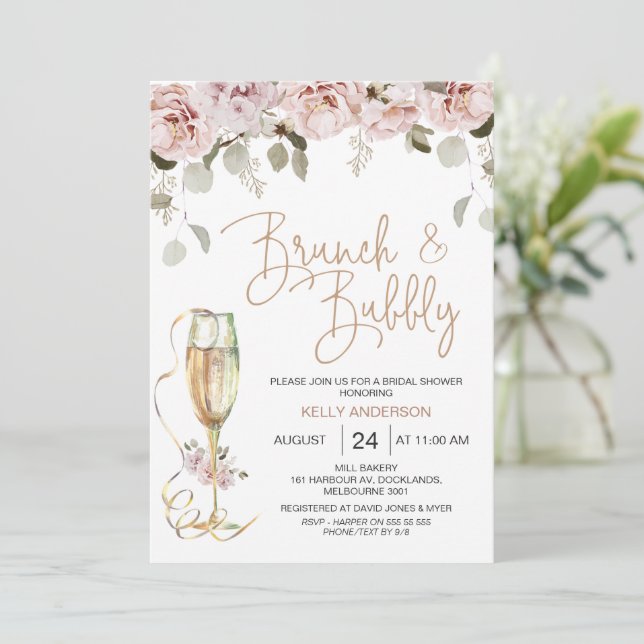 Floral and Eucalyptus Brunch Bubbly Bridal Shower  Invitation (Standing Front)
