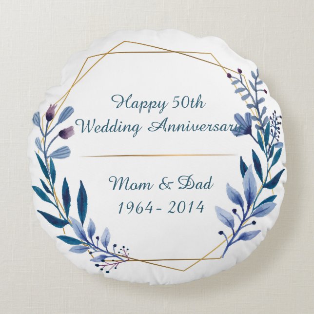Floral and Gold 50th Wedding Anniversary Round Cushion (Front)