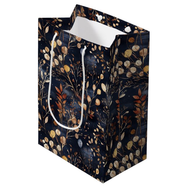 Floral and Gold Coloured Leaves Medium Gift Bag (Front Angled)