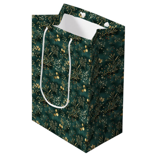  Floral and Gold Coloured Leaves Medium Gift Bag (Front Angled)
