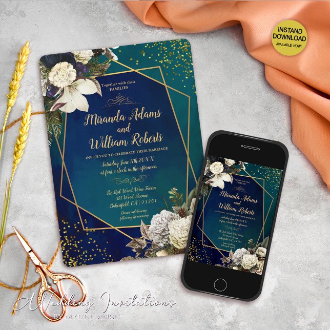 Floral and Gold Emerald Green Wedding Invitation (Creator Uploaded)