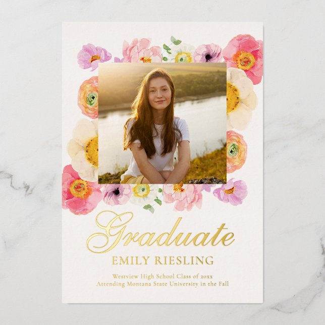 Floral and Gold Foil Graduation Announcement (Front)