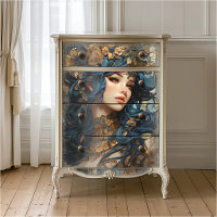 Floral and Gold Goddess Anime Style Blue