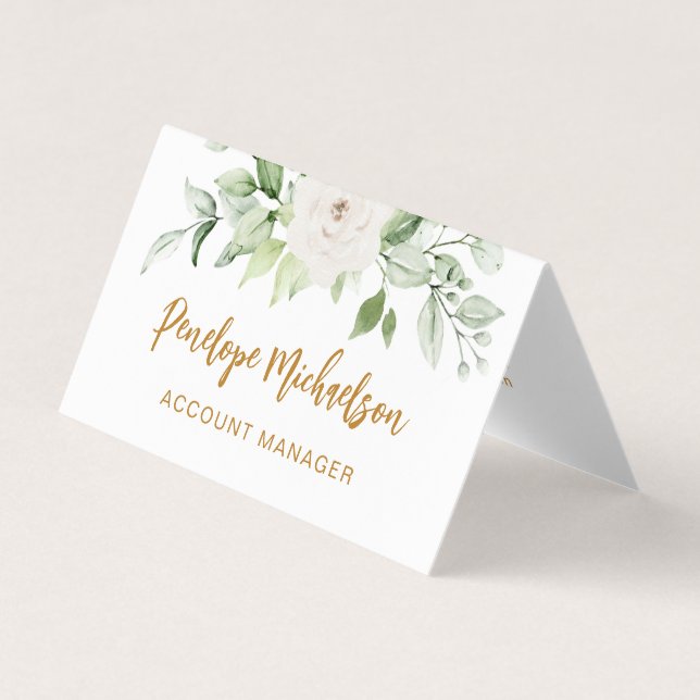 Floral and Greenery Gold Script with QR Code White Business Card (Front)