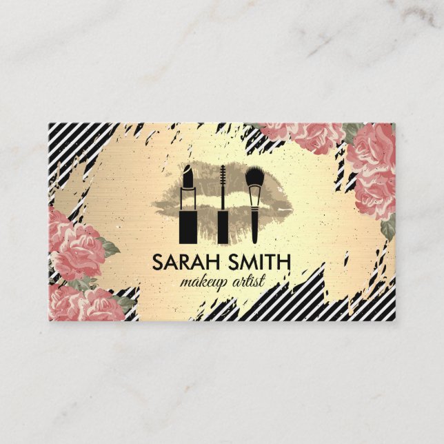 Floral and Kiss / Golden / Gold Brushed Appointment Card (Front)