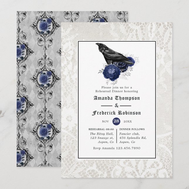 Floral and Lace Gothic Wedding Rehearsal Dinner Invitation (Front/Back)