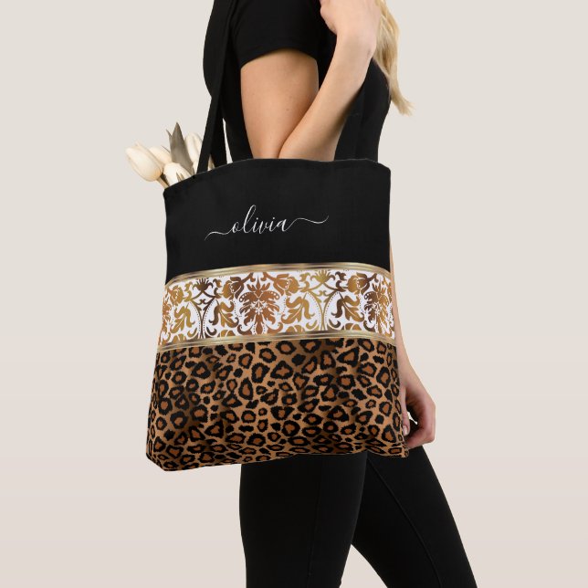 Floral and Leopard Pattern Tote Bag (Close Up)