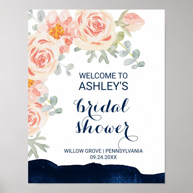 Floral and Navy Watercolor Bridal Shower Welcome Poster (Front)