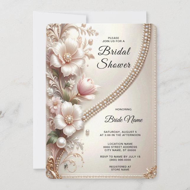 Floral and Pearl Embellishments Bridal Shower Invitation (Front)