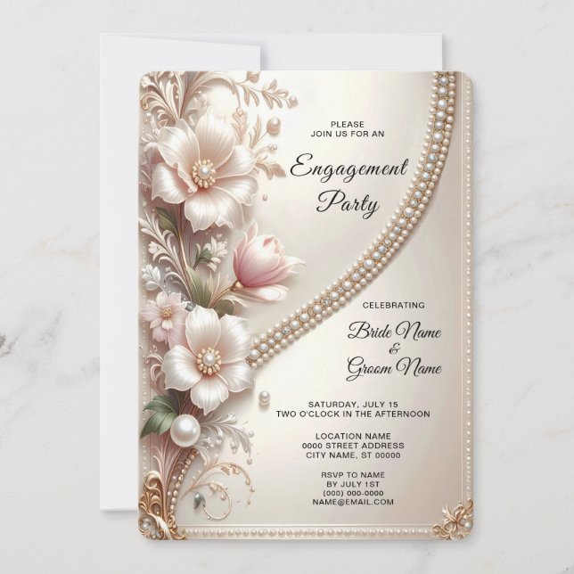 Floral and Pearl Embellishments Engagement Invitation (Front)